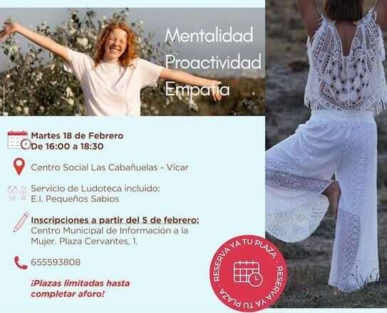 María Atienza ofrecerá un taller sobre empoderamiento y bienestar emocional en Vícar.