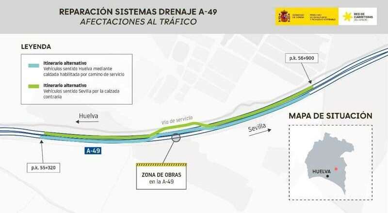 Corte de un tramo de la A-49 a partir de este martes para reparar los sistemas de drenaje